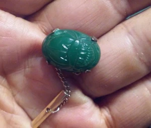 Vintage SCARAB BEETLE Deep Green Color Glass Tie-Tack or Lapel Pin Bell Clasp - Picture 1 of 3