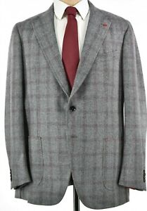 Isaia NWT Suit Sz 56 46R US Light Gray & Burgundy Plaid Overcheck 130s Flannel