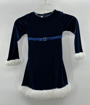 Girls BONNIE JEAN Dress 4 ROYAL BLUE WINTER WHITE FAUX FUR DRESS STRETCHY VELVET - Image 1 of 4