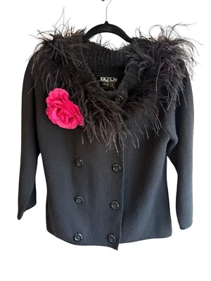 Vintage Berek 2 Takako Sakon Black Cardigan Sweater Embellished Feather Trim XL - Image 1 of 4