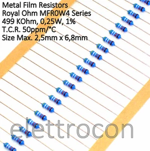 20 pezzi 499 KOhm 1/4W 1% Resistenze Royal Ohm 499 Kohm 0,25W (500 KOhm) - Imagen 1 de 1