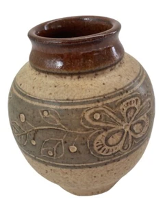 Vtg James Sanders Art Pottery Vase 1985 Carved Signed 3.5” Marshall TX Southwest - Picture 1 of 10
