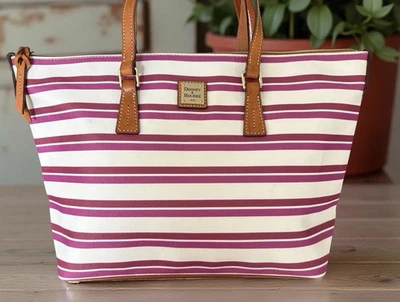 Bolso de Mano Dooney Bourke Stonington Rayas Magenta Orquídea Blanco Grande Cremallera Shopper Foto 1 de 4