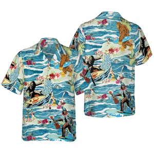 Surfing Bigfoot Aloha Vacation Bigfoot Hawaiian Shirt Tropical Ocean Wave Vintag - Picture 1 of 7
