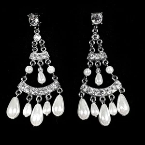 Vintage Strass & Kunstperlen Elegant Braut Kronleuchter Ohrhänger - Bild 1 von 7