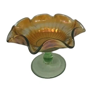 VTG Northwood Iridescent Carnival Glass Green Stem Pedestal Compote Bowl - Picture 1 of 8