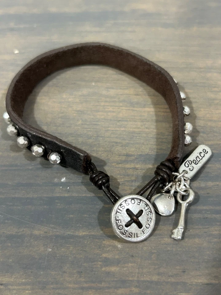 Fossil Dark Brown Leather Bracelet Charms Key Beads 7" - Image 1 of 4