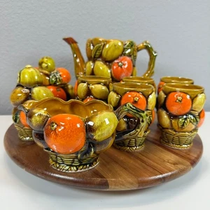 VTG Orange Spice 9 Piece Ceramic Fruit Tea Set Teapot Cups Inarco MCM 60s 70s - Picture 1 of 11