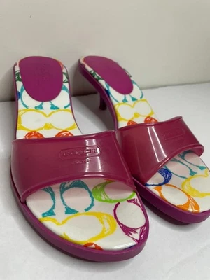Coach Women’s Logo Kitten Heel Sandals Sz 8.5 Pink PVC Strap Multicolor C Print - Image 1 of 4