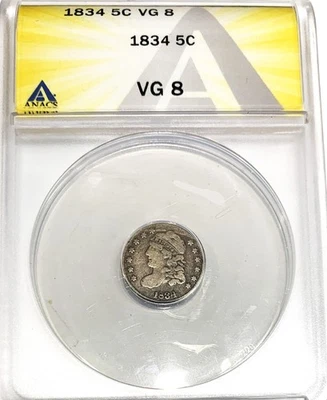 Busto tapado 1834 media moneda de diez centavos ANACS losa en muy buena condición-8 Foto 1 de 4