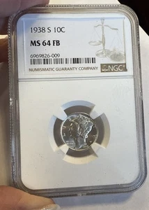 1938 - S  MERCURY DIME NGC  MS64 FB - Picture 1 of 4