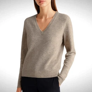 Magaschoni Cashmere Women's L V-Neck Pullover Sweater Gray Minimalist Classic - Picture 1 of 10