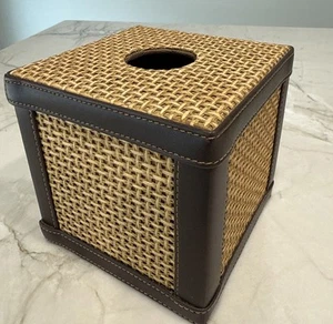 Wicker Leather Square Tissue Box Holder VINTAGE - Picture 1 of 7