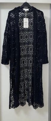 ZARA KIMONO LARGO HILO ALGODÓN NEGRO CROCHET CON ESCOTE ABIERTO TALLA M-L Foto 1 de 4
