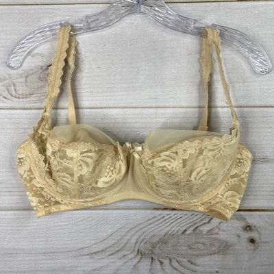 VTG Fredericks Of Hollywood Bra 34DD Beige Lace Underwire Bow Balconette Padded - Image 1 of 4