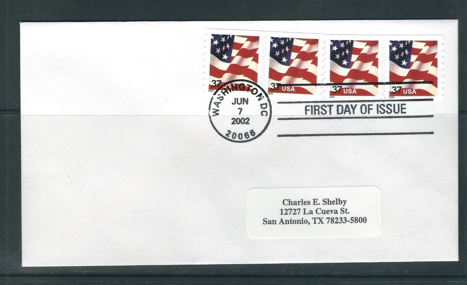 US 2002 issue /  Flag . Self Adhesive Coil FDC. Strip Of 4 . No Cachet - Image 1 of 1