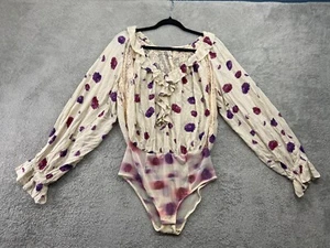 Free People Bodysuit Women's Small Beige Floral Lace Ruffle Top Cottagecore Boho - Picture 1 of 14