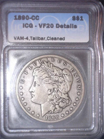 1890 CC Morgan Silver Dollar,  VF20. ICG Tough Date, Low Mintage, VAM-4.Tailbar Cover
