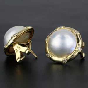 14k Yellow Gold Vintage Mabe Pearl and Diamond Earrings - Picture 1 of 8