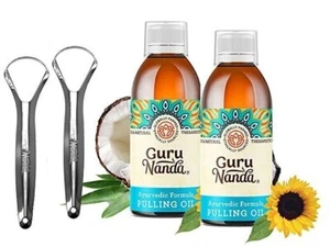 GuruNanda - 2er-Pack Ayurvedische Formel Ziehöl (Mundwasser) + 2 Zungenschaber - Bild 1 von 10