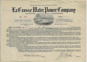 WISCONSIN 1909 La Crosse Water Power Company Aktienzertifikat - Bild 1 von 2