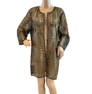 Chicos Traveler Jacket Foiled Open Lace Olive Gold Shimmer Kimono Size 3 - Picture 1 of 4