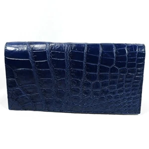 New Navy Blue Croc Leather Belly Skin Women Long Bi-fold Clutch Wallet. - Picture 1 of 12