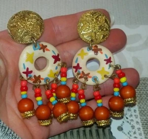 Boucles d'Oreilles Clips en  Métal Doré Résine et Bois / Vintage - Imagen 1 de 6