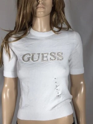 Women's NWT Guess White Short Sleeve With Letters Olivia Sweater Top Size XS - Image 1 of 4