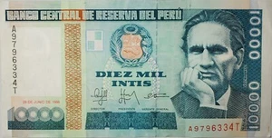 1988 Banco Central De Reserva Del Peru Diez Mil Intis A9796334T Cesar Vallejo - Picture 1 of 4