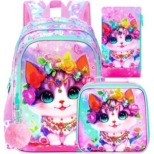3PCS Pink Cat Backpack Set 16" Kids School Bookbag & Lunch Box for Girls - Picture 1 of 9