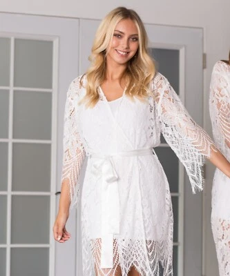 White Lace Bridal Robe – Sheer Lace Wedding Robe with Satin Tie | Getting Ready - Image 1 of 4