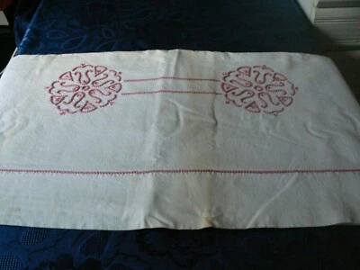 ANCIEN DRAP METIS BRODERIE ROSE MOTIF 15 CM 200 X 320 RIDEAU NAPPE DÉCORATION - Photo 1/4