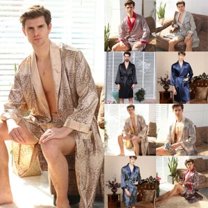 Men's Printed Satin Robe Set Silk Kimono Bathrobe with Shorts Comfy Nightgown Pj - Picture 1 of 19