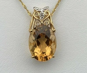 14K YELLOW GOLD FACETED CITRINE & DIAMOND PENDANT 16X12 MM - Picture 1 of 7