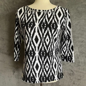 Top Ruby Rd para mujer talla pequeña negro blanco geométrico algodón informal ikat pulóver - Imagen 1 de 17