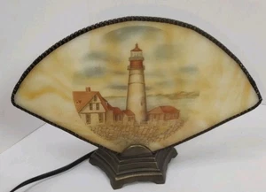 Vintage Tiffany-Style Capiz Shell Lamp Light Lighthouse Scene Fan Shape Nautical - Picture 1 of 14