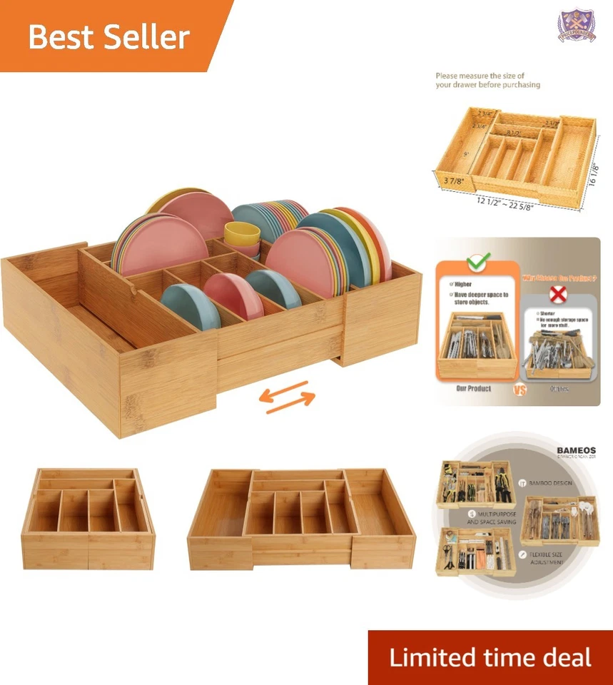 Organizador de cajones de bambú expandible 8 compartimentos utensilios cubiertos almacenamiento Foto 1 de 4