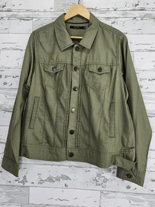Tahari Chambray Trucker Jacket Womens Large Metal Buttons Olive Green - Picture 1 of 10