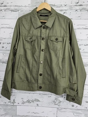 Tahari Chambray Trucker Jacket Womens Large Metal Buttons Olive Green - Image 1 of 4