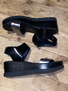 Russell Bromley Size 41 8 Black Patent & Pewter Leather Flatform Wedge Sandals - Picture 1 of 10