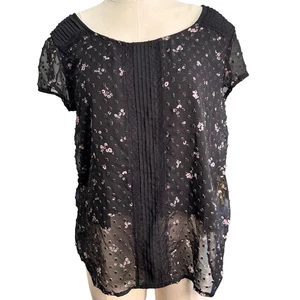 LC Lauren Conrad Black Floral Sheer Dot Top Blouse Pleated Lace Womens L - Picture 1 of 8