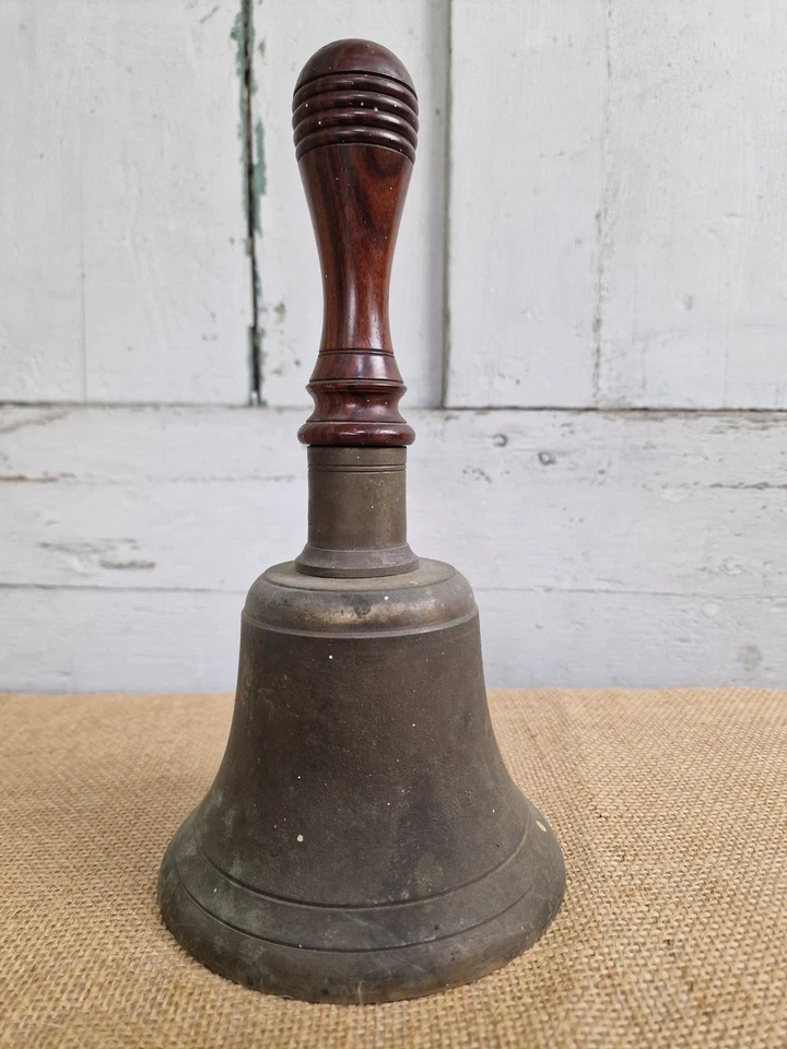 Antique Brass Hand Bell Wood Handle School Bell Dinner Bell Christmas Bell Prop. - Image 1 of 4