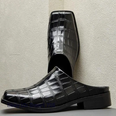 Men's Leather Stone Pattern Casual Mules Slip on Square Toe Slippers Dress Shoes - Photo 1/4