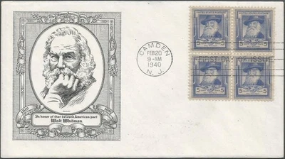 Scott 867 FDC with block of 4 stamps - 5 cent - 1940 - Walt Whitman - FDOI - Image 1 of 2