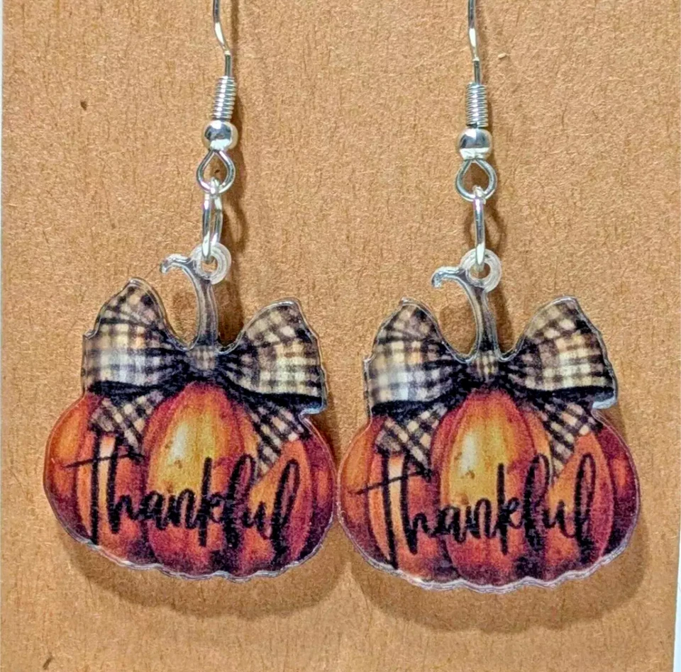 Thanksgiving Acrylic Dangle Earrings: Thankful Pumpkins w/ Plaid Bow - Image 1 of 1