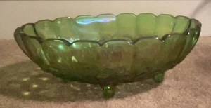 Vintage Indiana Green Carnival Glass Three Footed Oval Fruit Bowl. 12" Long. - Picture 1 of 6