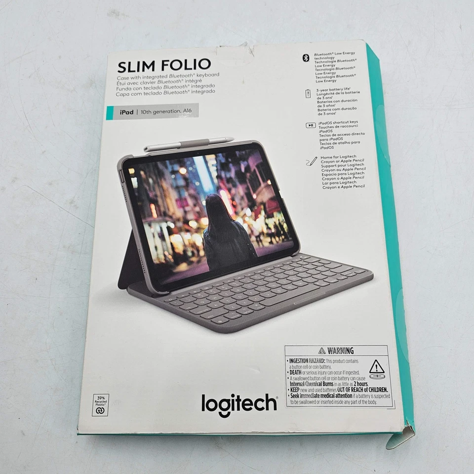 New Logitech Slim Folio 10th Generation A16 Case with Integrated Keyboard - Image 1 of 3