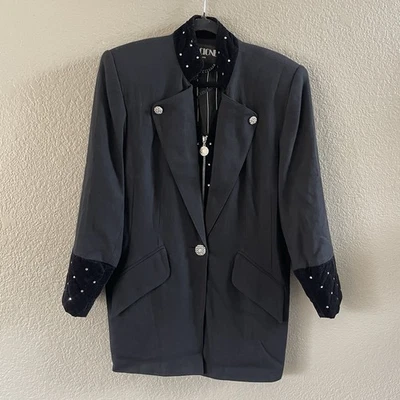 Blazer Vintage CRISCIONE NY Mujer XL Negro Terciopelo Borde Bling Chaqueta Años 80 90 Foto 1 de 4