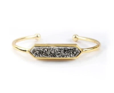 Brazalete Apilable Bisel Druso Plata Gris Ágata Druzy Oro Brazalete Abierto Foto 1 de 4
